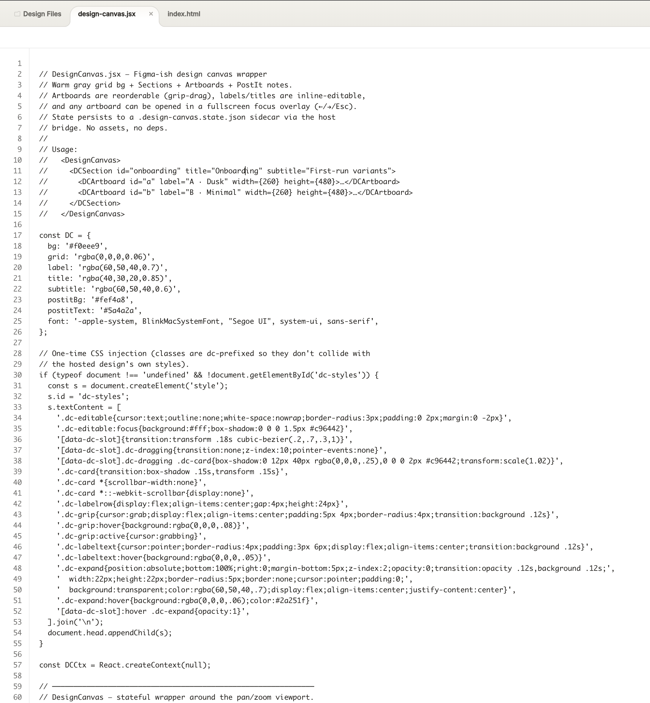 Source view of the design-canvas.jsx component inside Claude Design