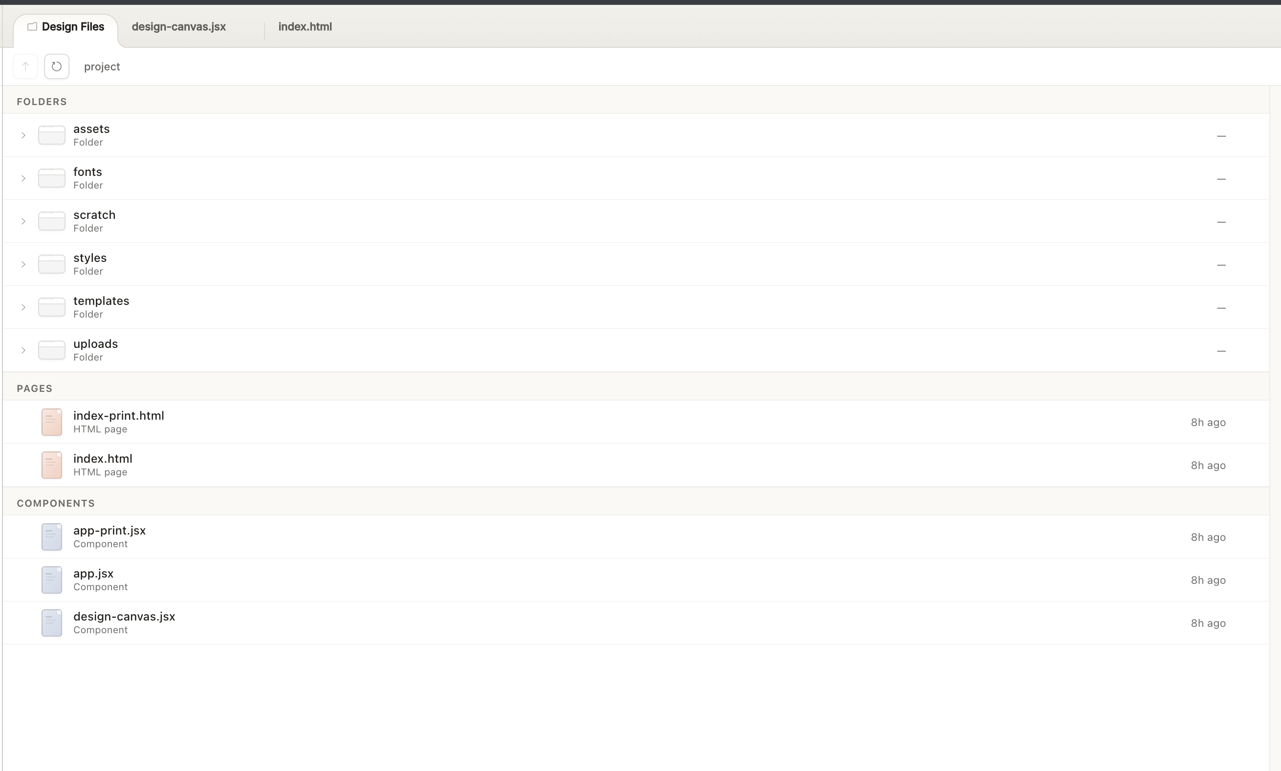 Claude Design file explorer showing assets, fonts, styles, templates and components