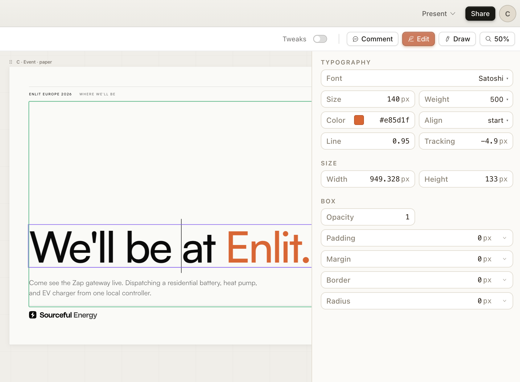 A Sourceful event artboard in Claude Design with the typography inspector panel open