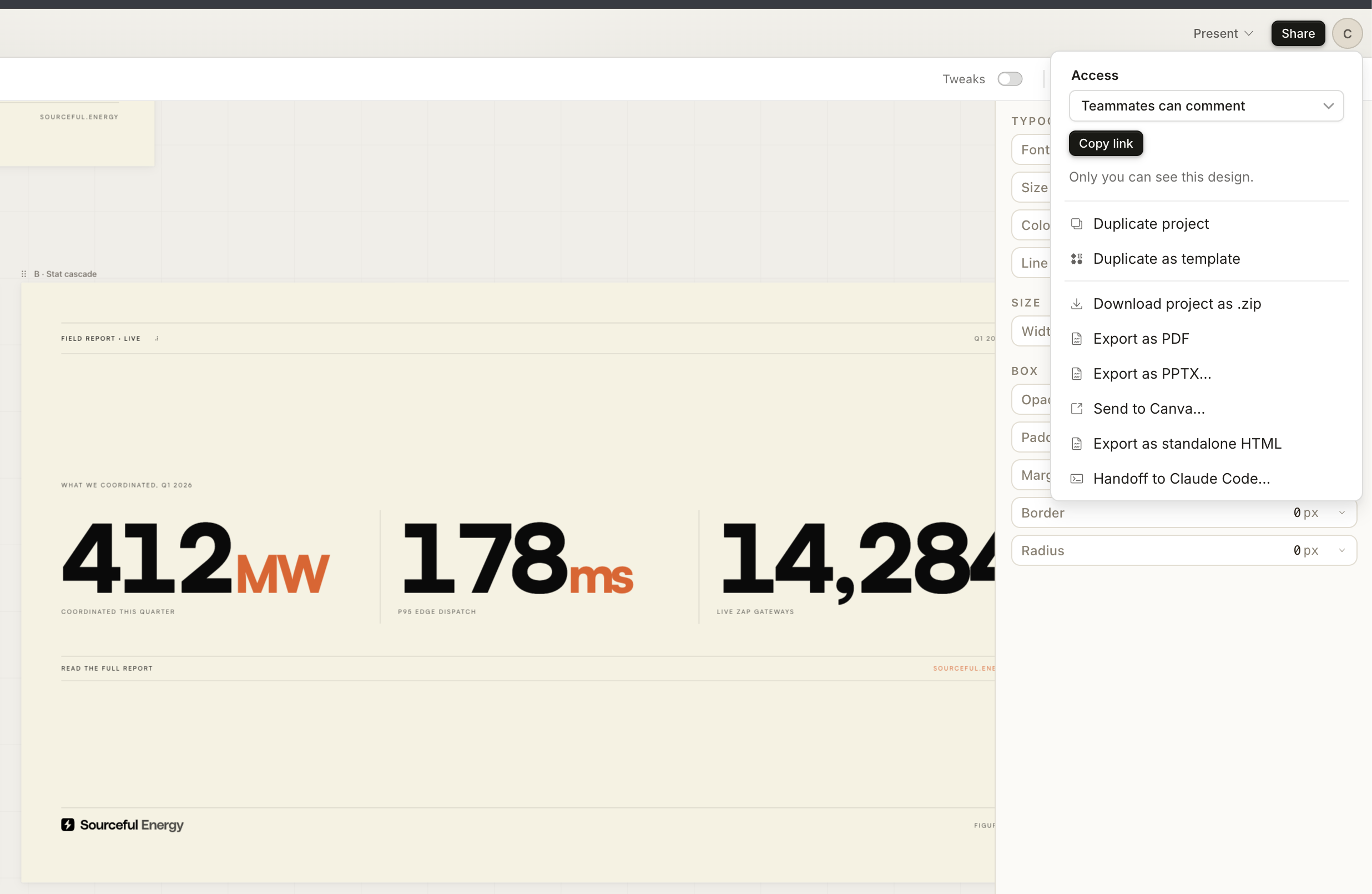 Claude Design export menu with options for Zip, PDF, PPTX, HTML, Canva and Claude Code