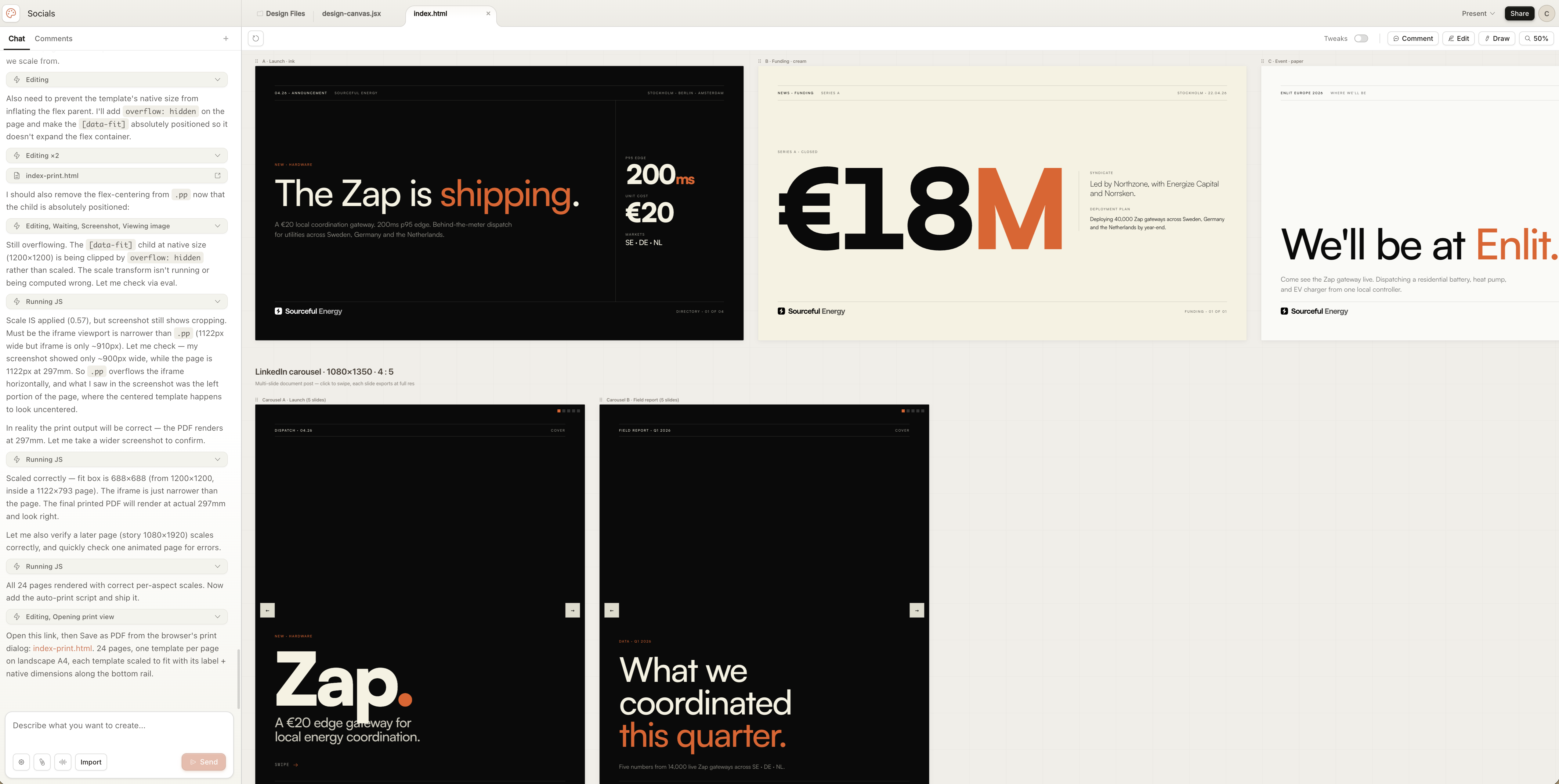 Claude Design canvas with several Sourceful social templates arranged across artboards