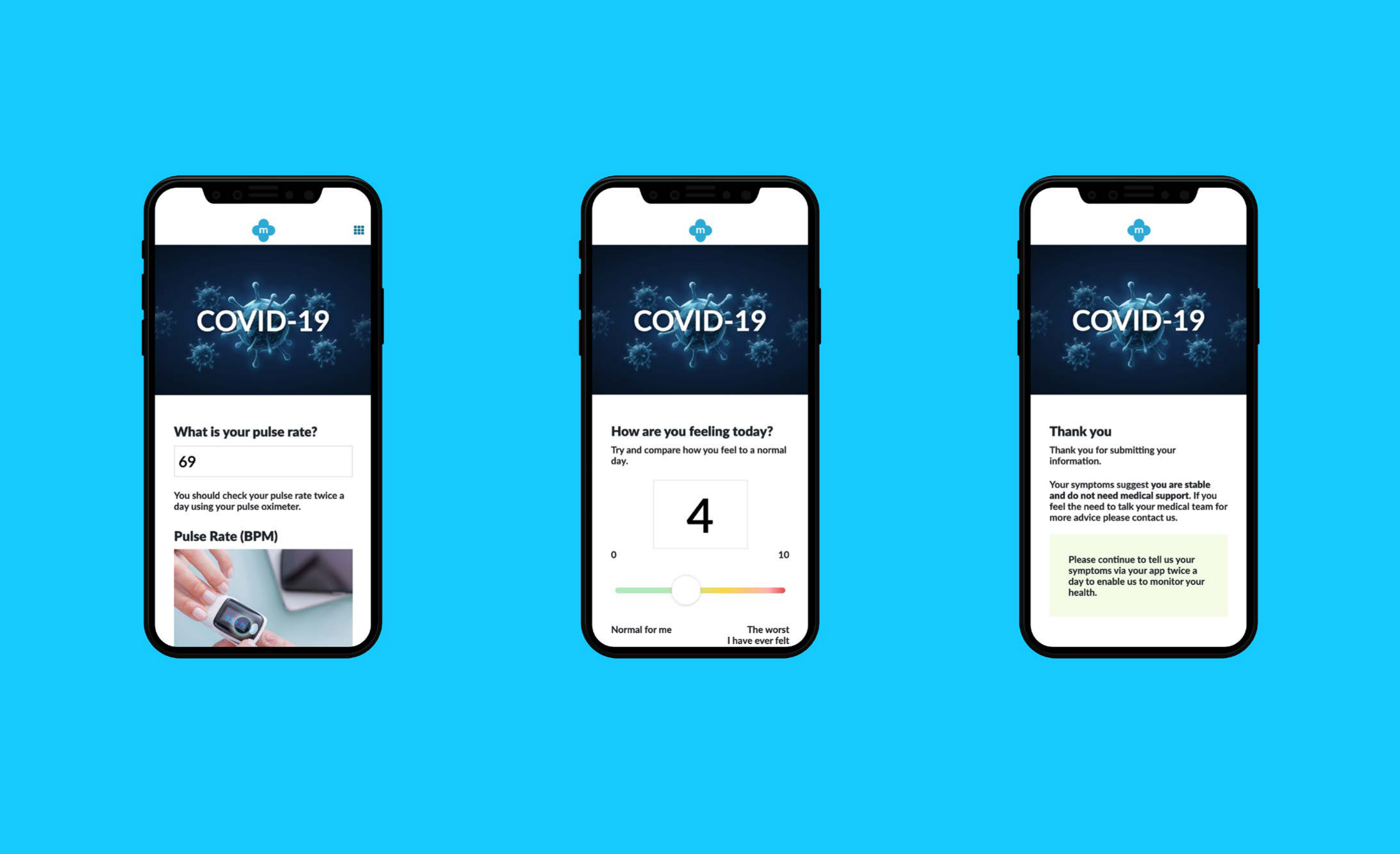 Patient flow: pulse rate entry, symptom tracking, and post-submission confirmation