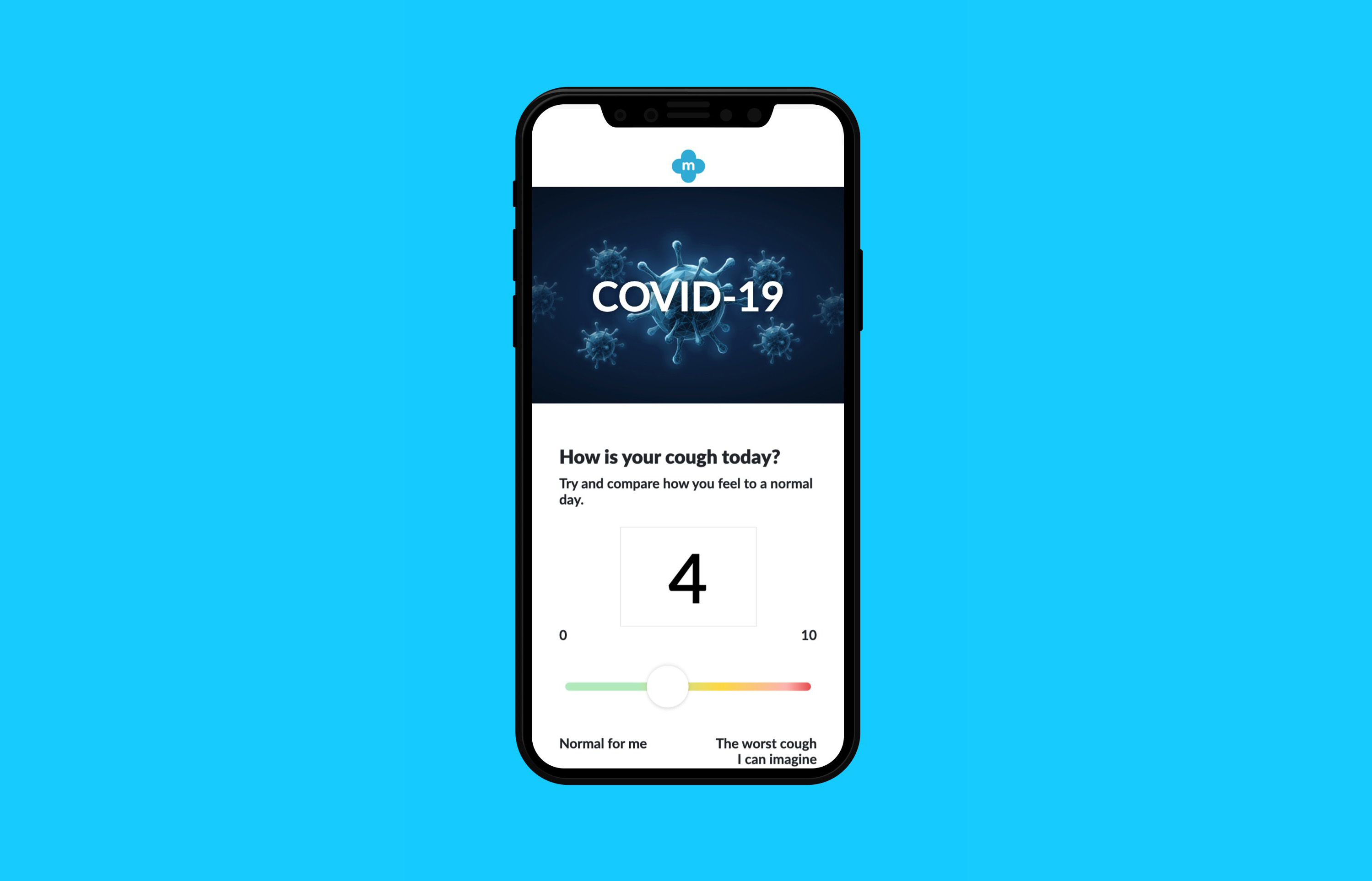 Cough symptom rating screen with 0 to 10 slider and colour gradient