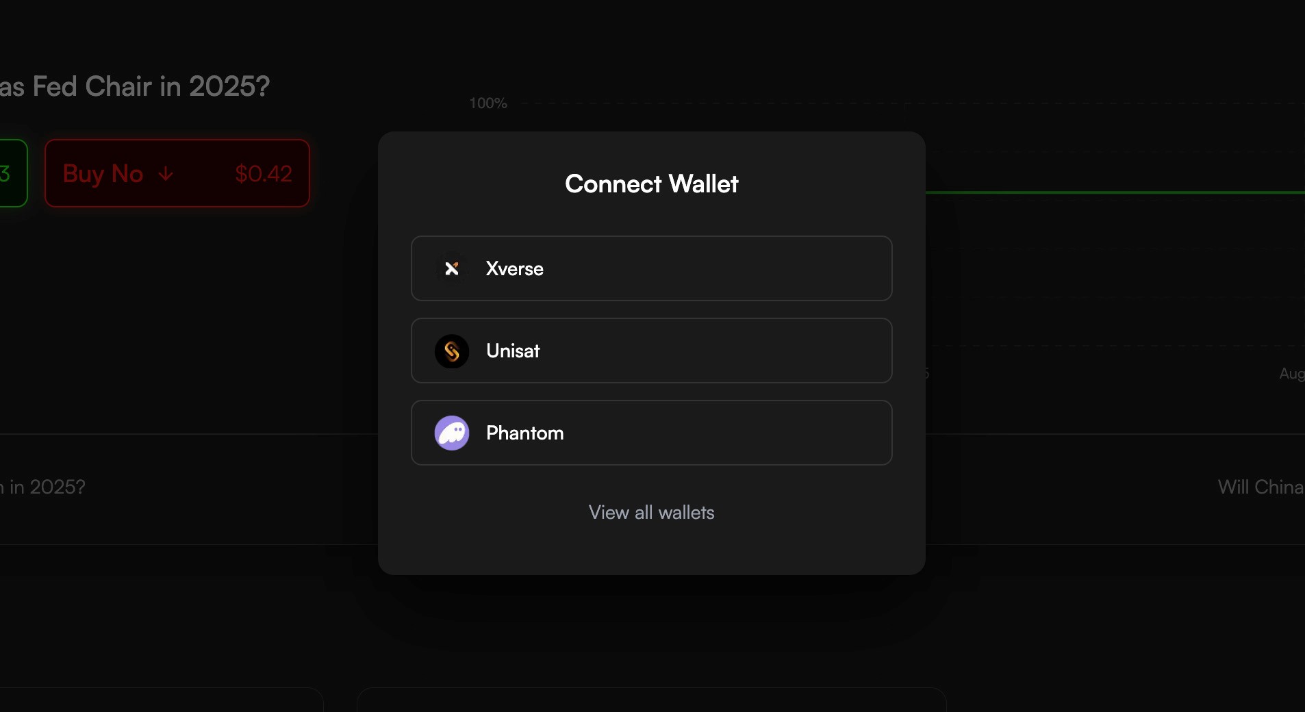 Connect wallet modal showing Xverse, Unisat and Phantom