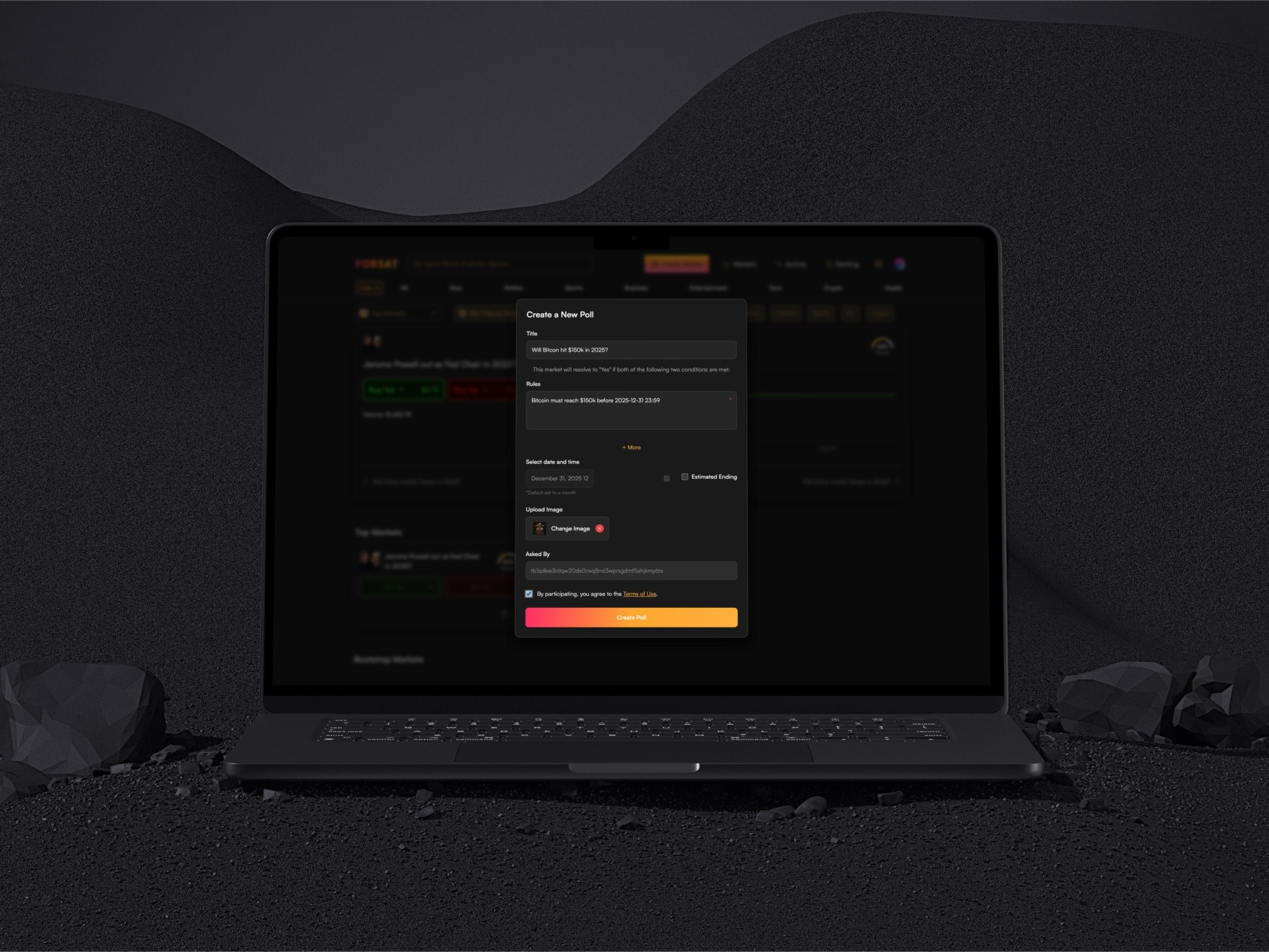 Create a new poll dialog with title, rule, date and thumbnail fields
