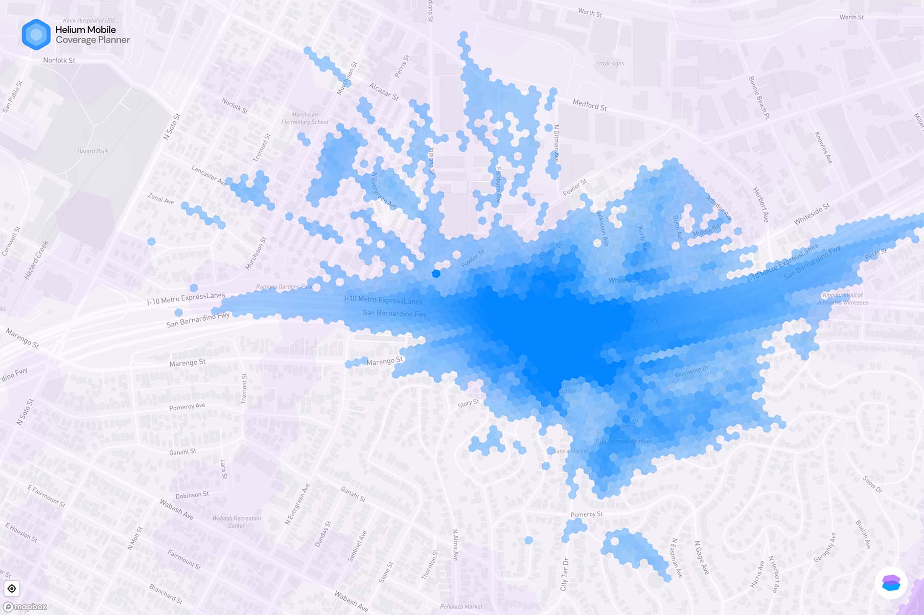 Helium Mobile coverage heatmap over a Los Angeles neighbourhood