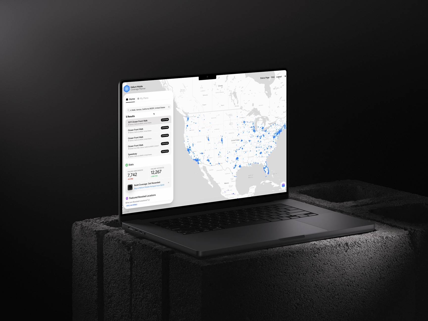Search by location, with online radio and hotspot stats