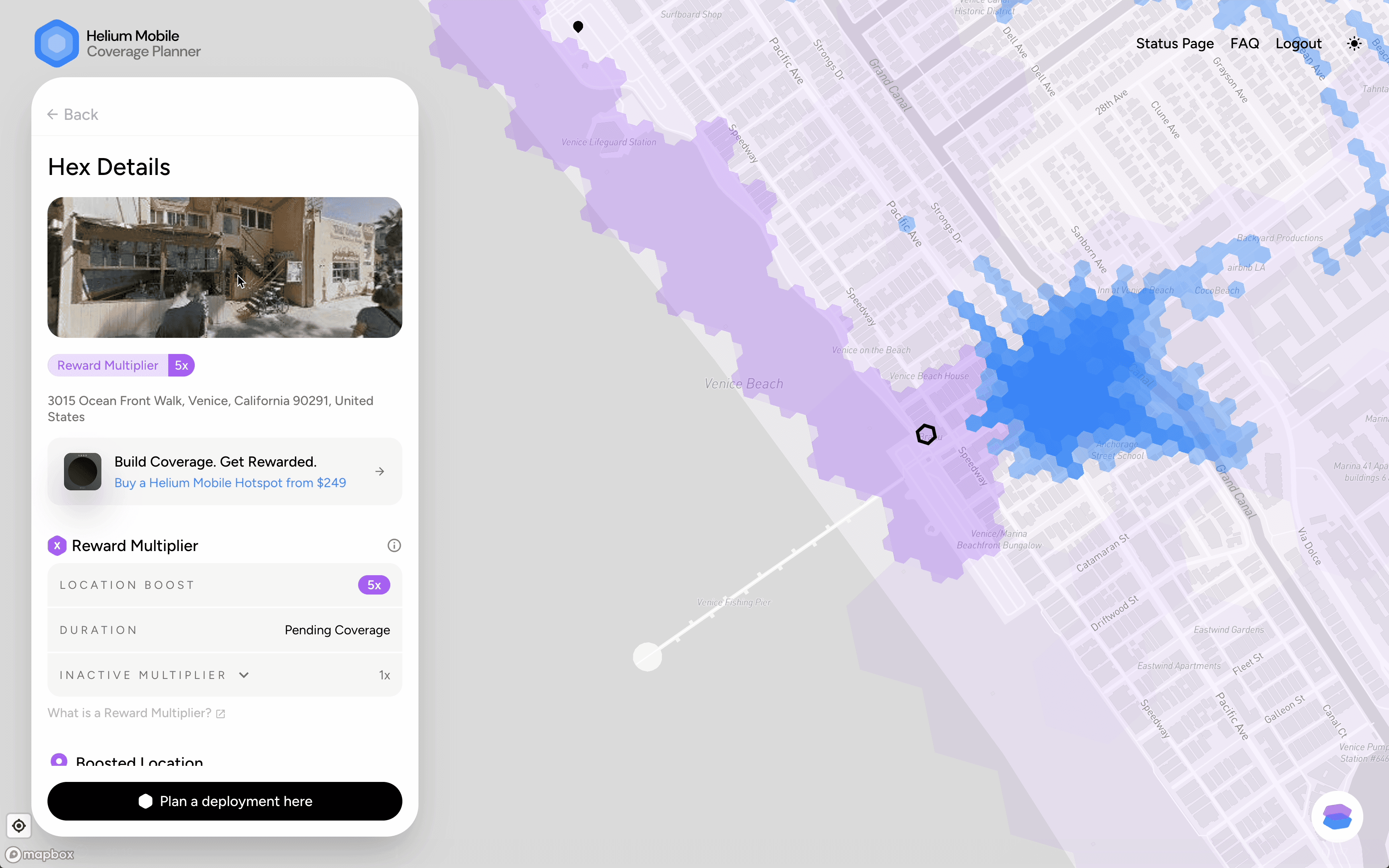 Hex details panel on the Coverage Planner map