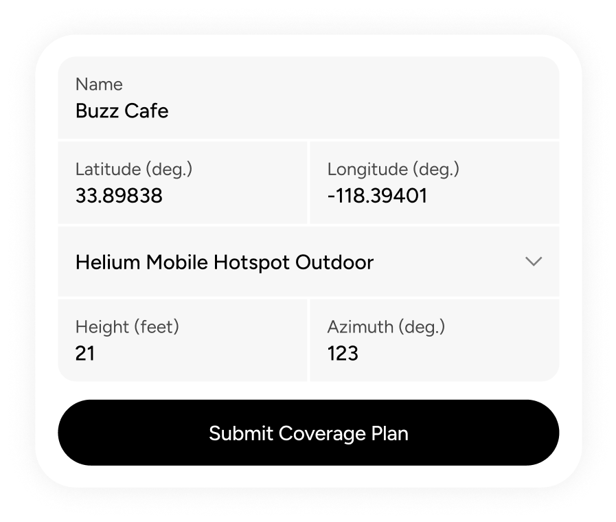 Submit Coverage Plan form with latitude, longitude and hotspot type