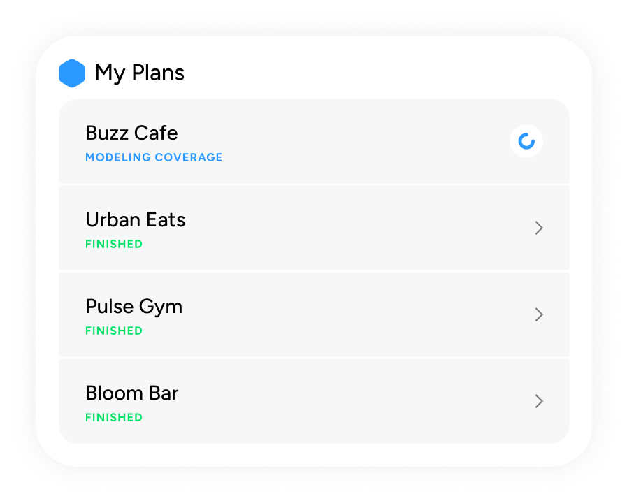 My Plans list showing modelling and finished states