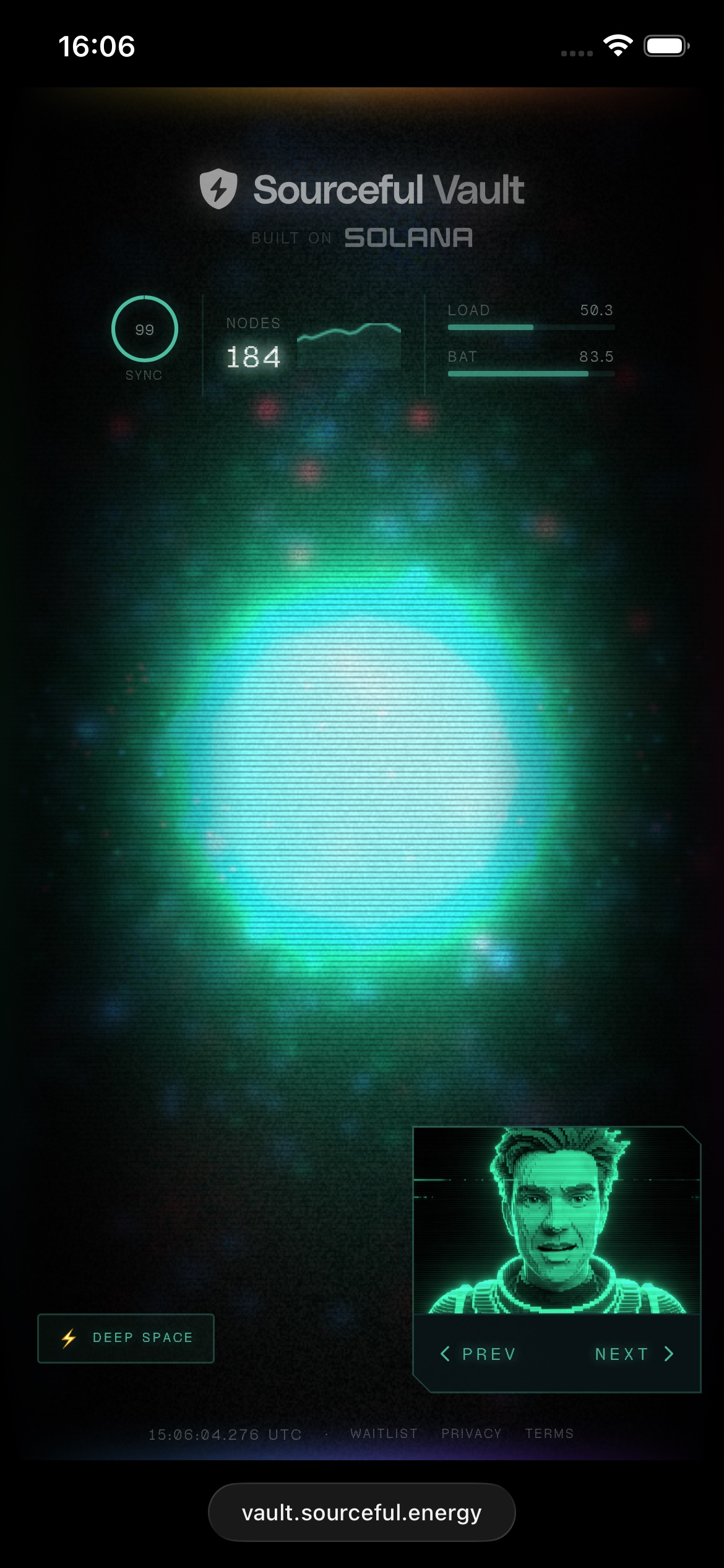 Deep space theme, glowing green orb