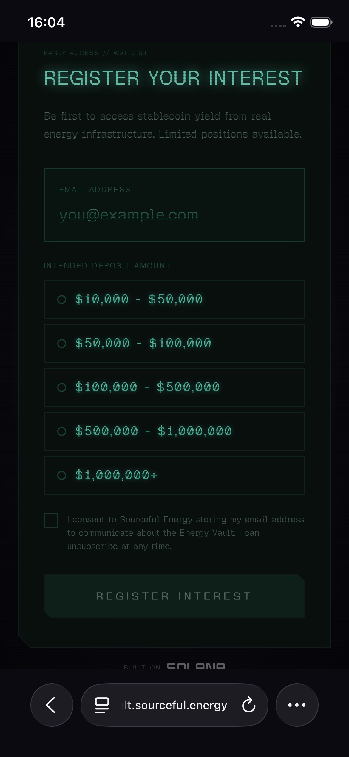 Register interest form, deep space theme
